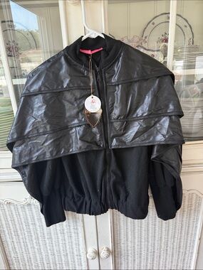 Black Layered Faux Leather Cape Jacket by DQMANE XS boutique NWT